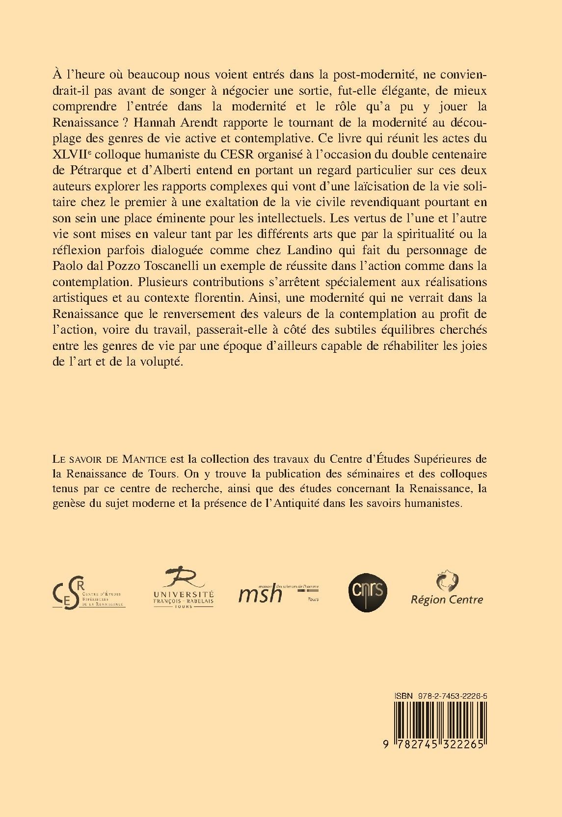 VIE SOLITAIRE, VIE CIVILE  L'HUMANISME DE PETRARQUE A ALBERTI