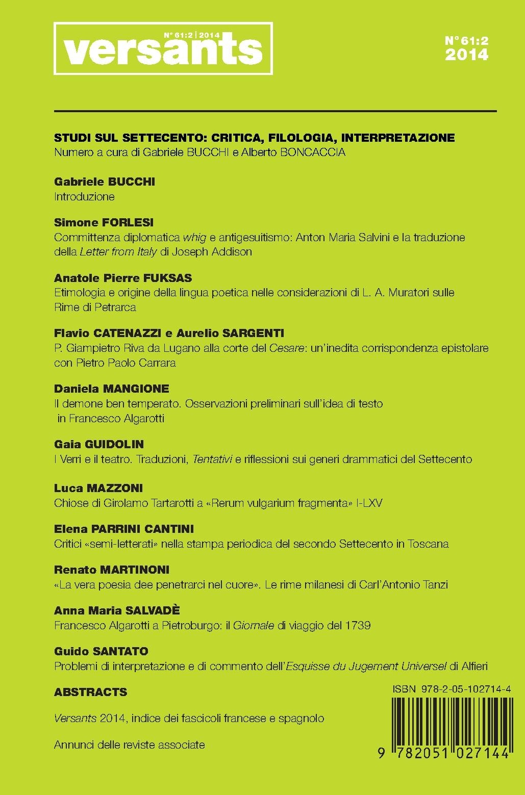 VERSANTS 61 FASCICULE ITALIEN. STUDI SUL SETTECENTO: CRITICA, FILOLOGIA, INTERPRETAZIONE
