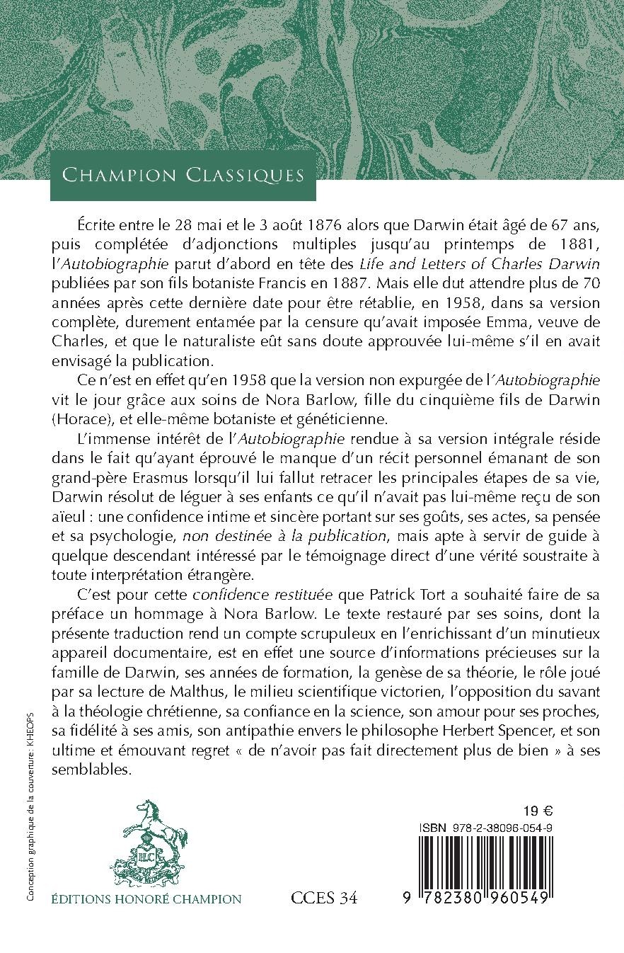 L'AUTOBIOGRAPHIE DE DARWIN. 1809-1882. RÉTABLISSANT LES PASSAGES SUPPRIMÉS DE LA PUBLICATION ORIGINALE